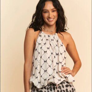 Davi & Dani Ribbon Checker Printed Tie Halter Neck Blouse Top